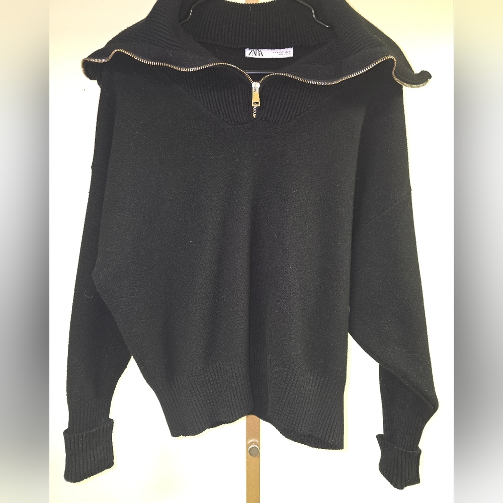 Zara Oversized Soft Half-Zip Black Batwing Turtleneck Sweater